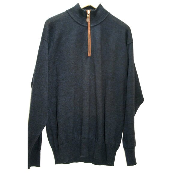 Orvis Merino Wool Quarter Zip Sweater Mens L Blue Leather Trim Heritage Luxury - Picture 1 of 6